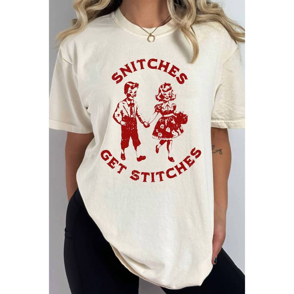 NEW KISSED APPAREL snitches get stitches short sleeve tee in cream